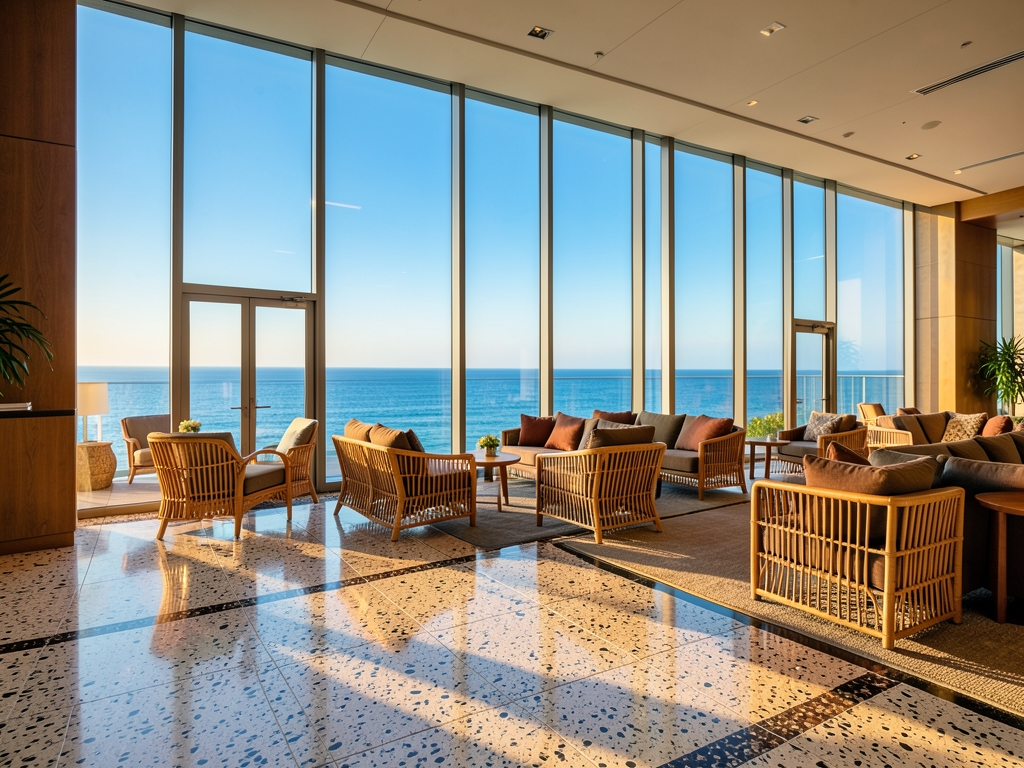 Modern coastal hotel lobby with terrazzo floors rattan
