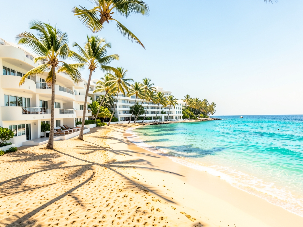 Wide view white beachfront hotel with curved balconies