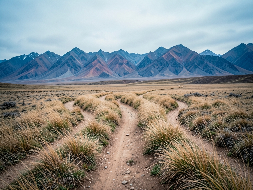 barren landscape with dirt path splitting into diverging