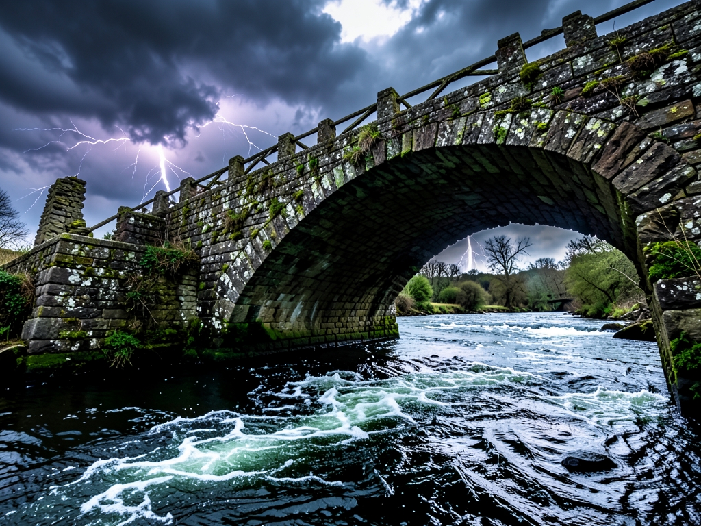 crumbling stone bridge over dark turbulent river under