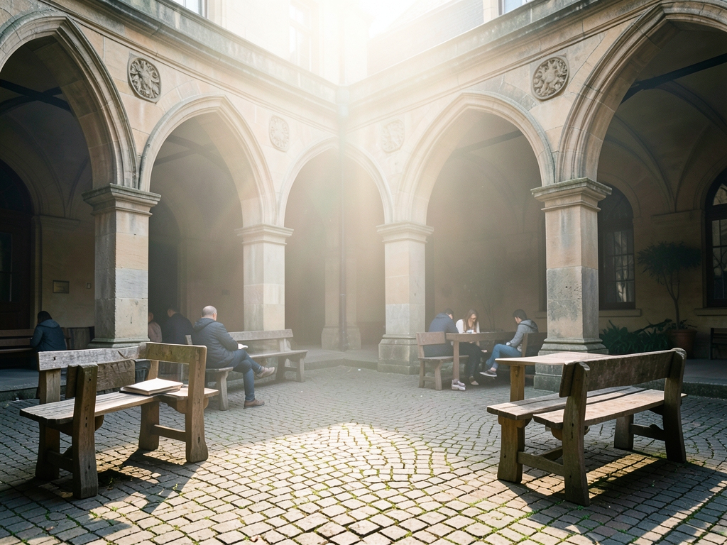 Quiet sunlit university courtyard with stone arches wooden