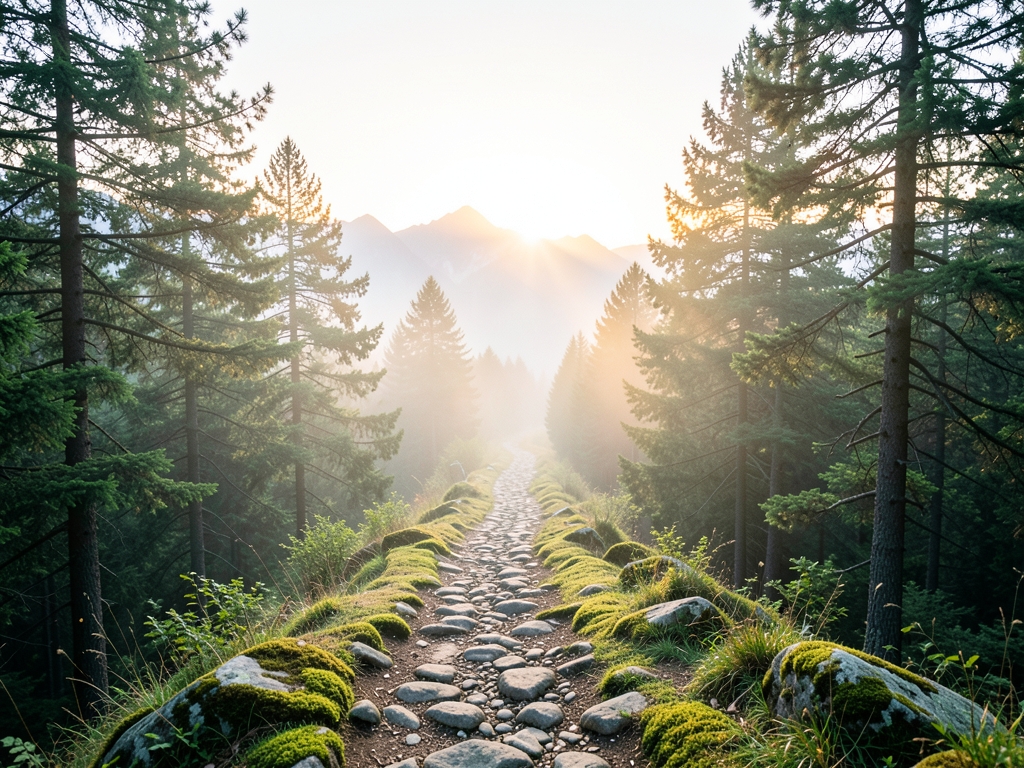 Long winding forest trail toward distant bright mountains