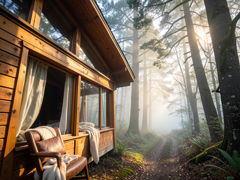 Sunlit wooden cabin study with wide windows overlooking
