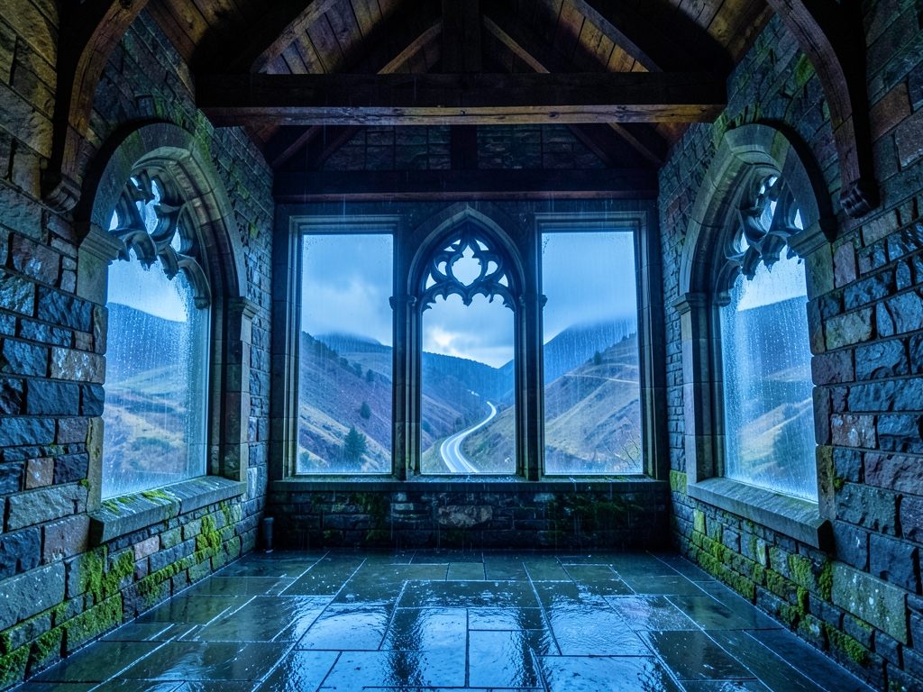 Stormy stone hall with high timber beams tall