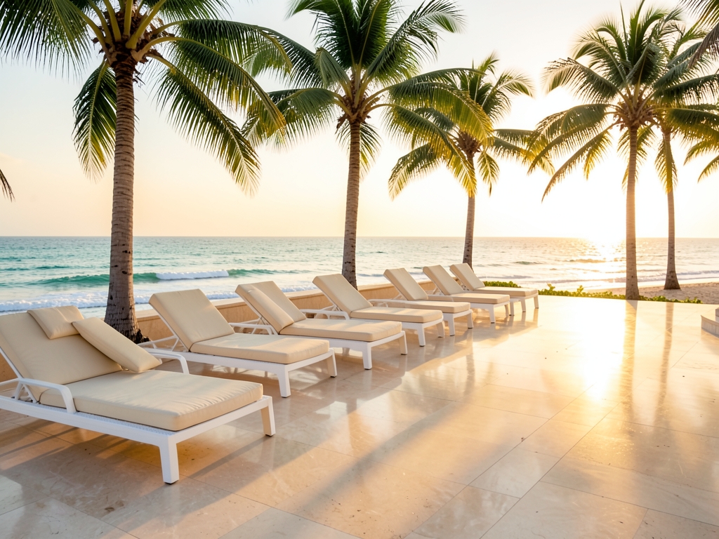sunlit Caribbean beachfront resort terrace golden hour with