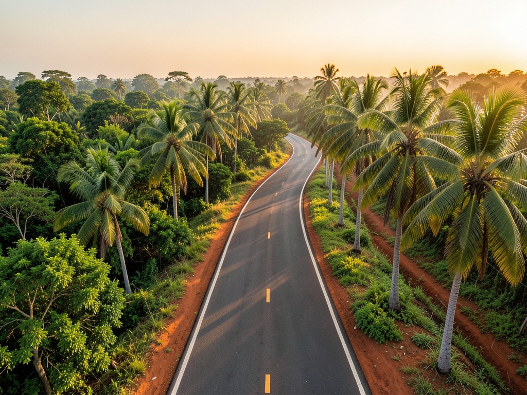 Wide aerial view winding paved road through lush