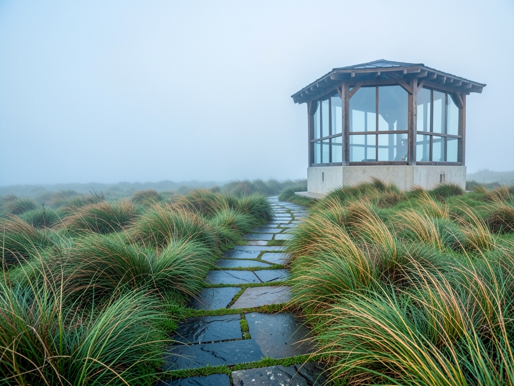 Misty coastal test site with narrow footpath through