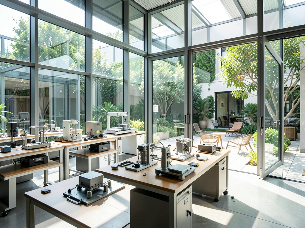 Sunlit glass and steel innovation opening onto quiet courtyard with