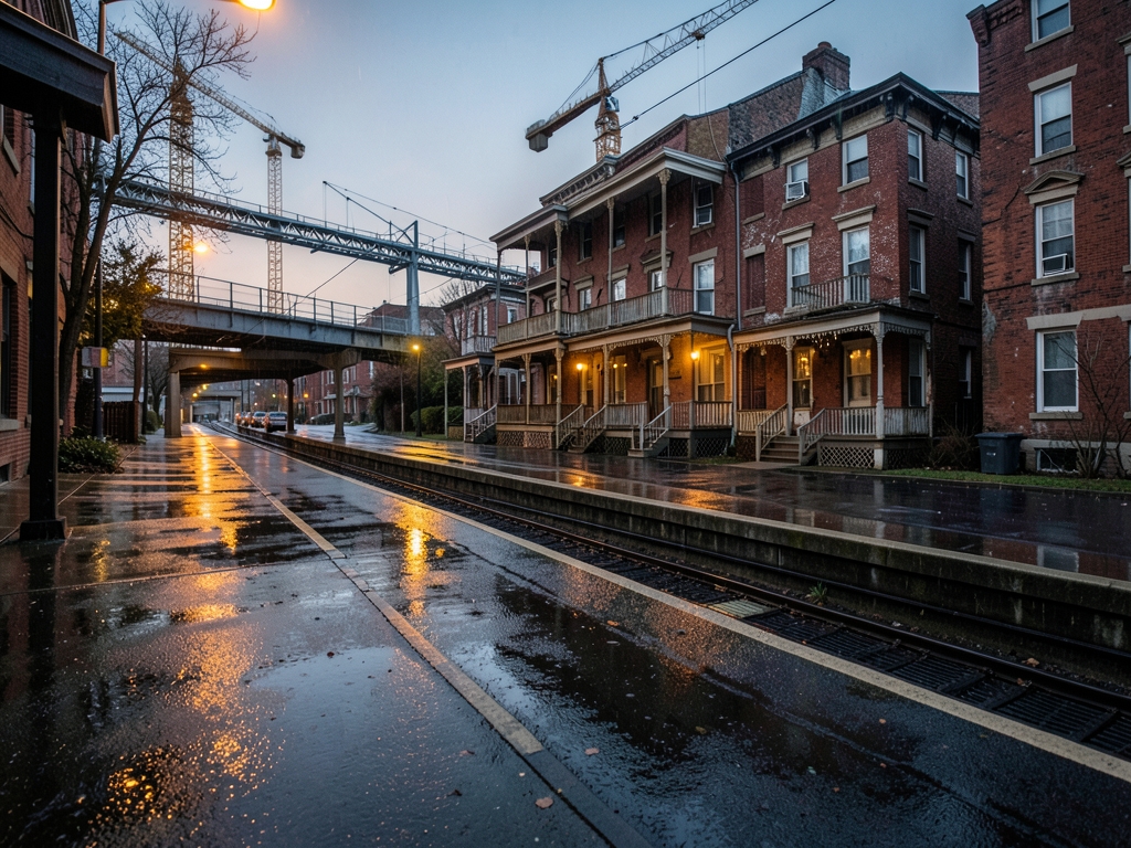 rainy dusk Boston neighborhood near elevated transit line