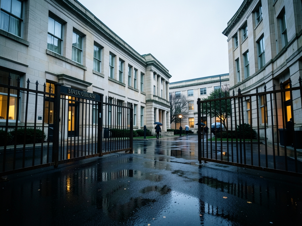 Overcast federal campus with limestone offices secure metal