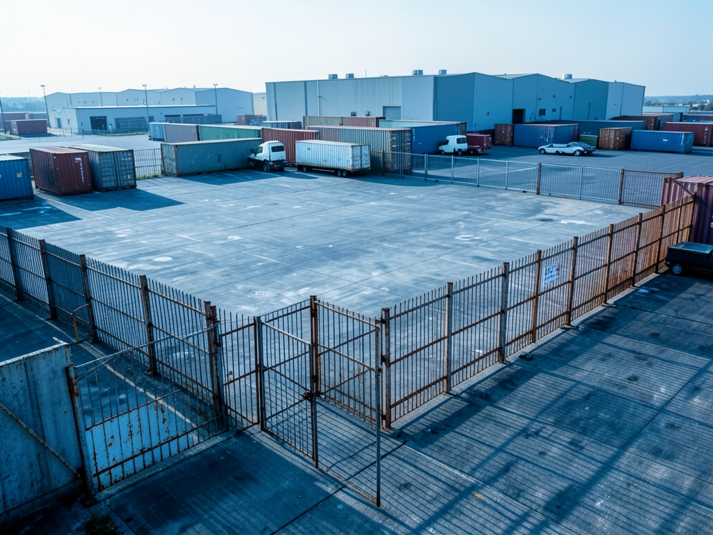 Expansive transport yard with steel fencing concrete lots