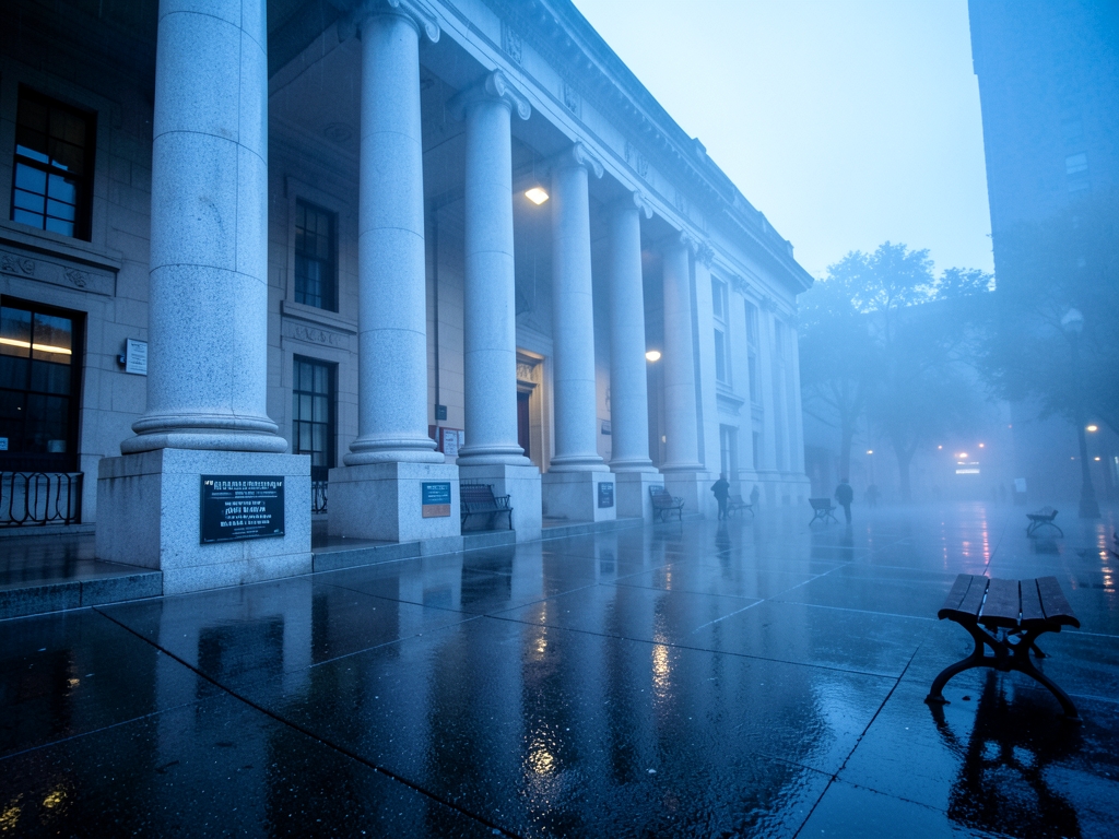 rain slicked courthouse plaza Francisco dawn pale granite columns