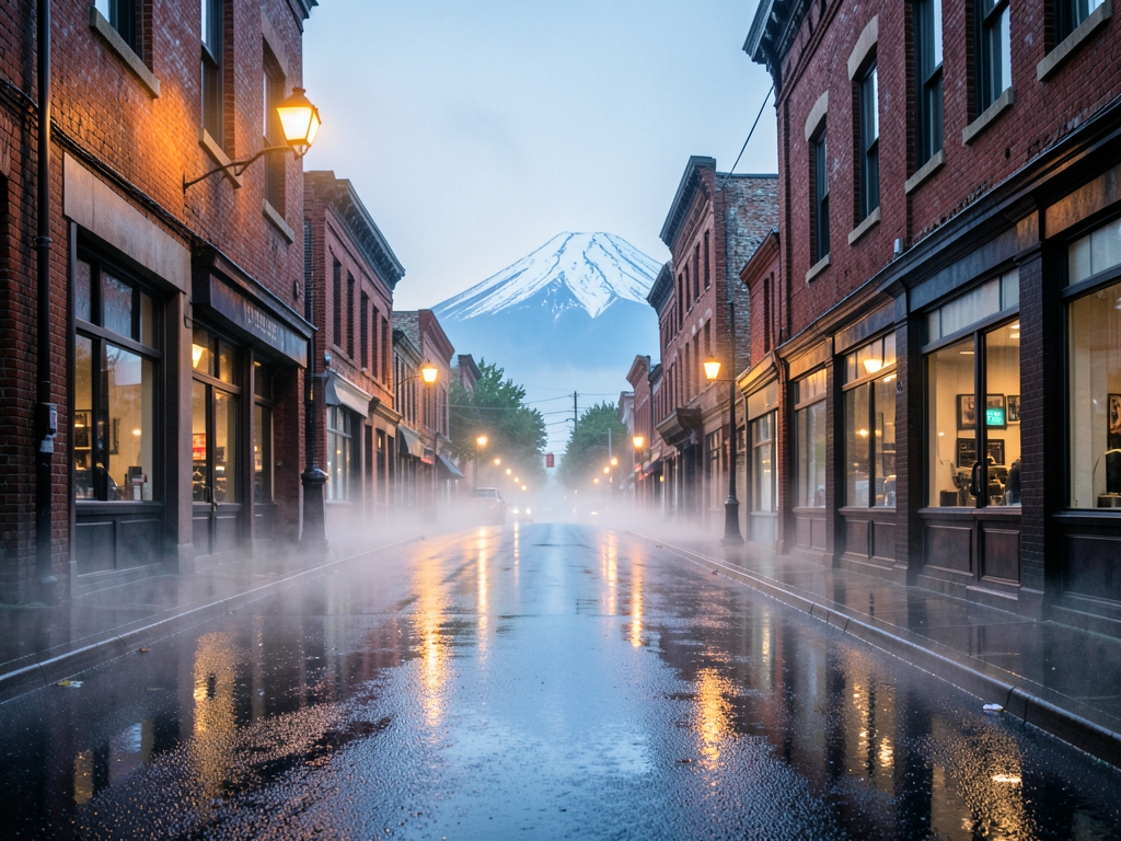 rain slicked Portland street dawn with city skyline distant