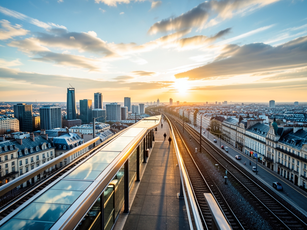 quiet railway station above city with steel and glass platforms