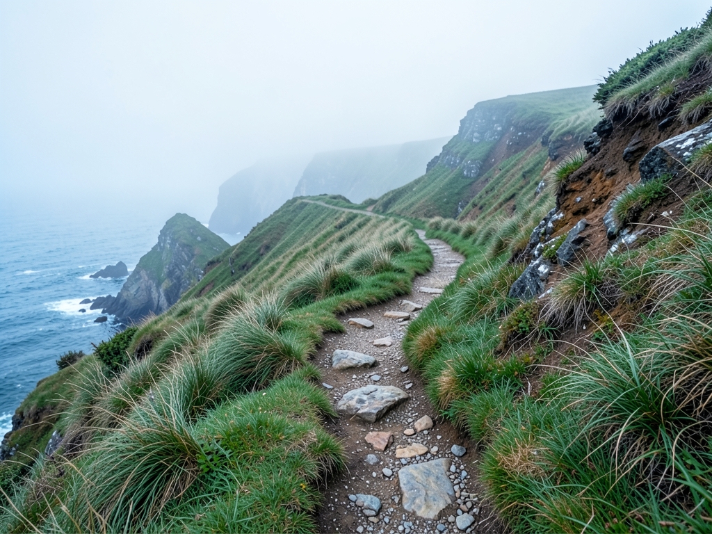 Winding coastal trail through wild grassy cliffs under