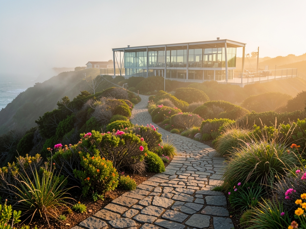 misty California coastal hillside golden hour with winding
