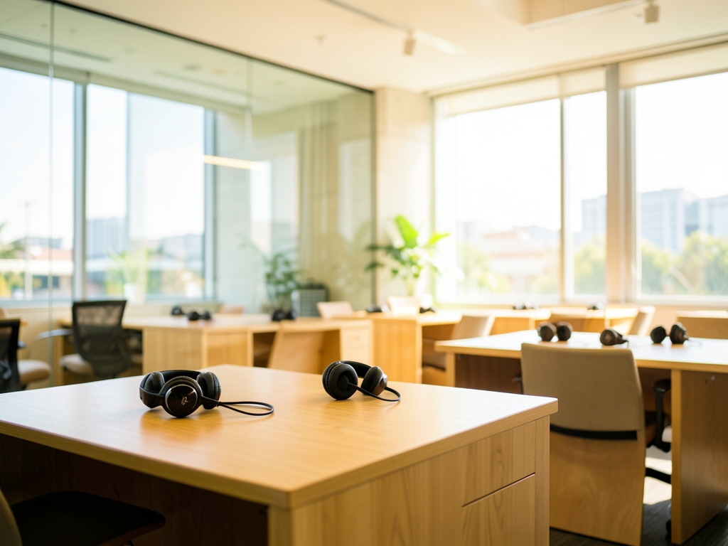 Bright modern transcription office with glass walls wooden