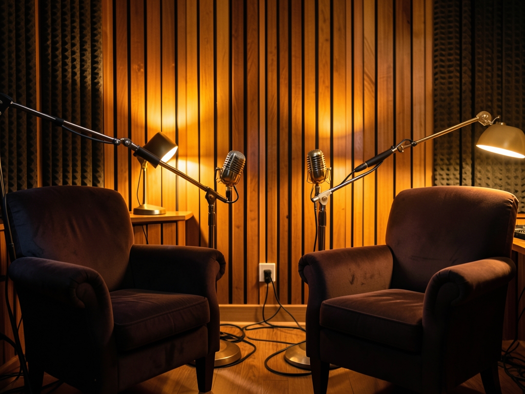 Warm small podcast studio with acoustic wood panels