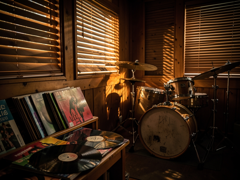 dimly wooden recording studio with warm amber light
