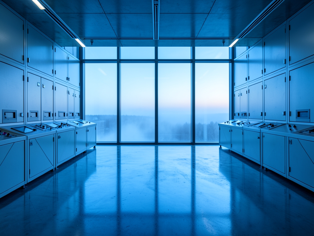 vast glass walled control room dawn cool blue light