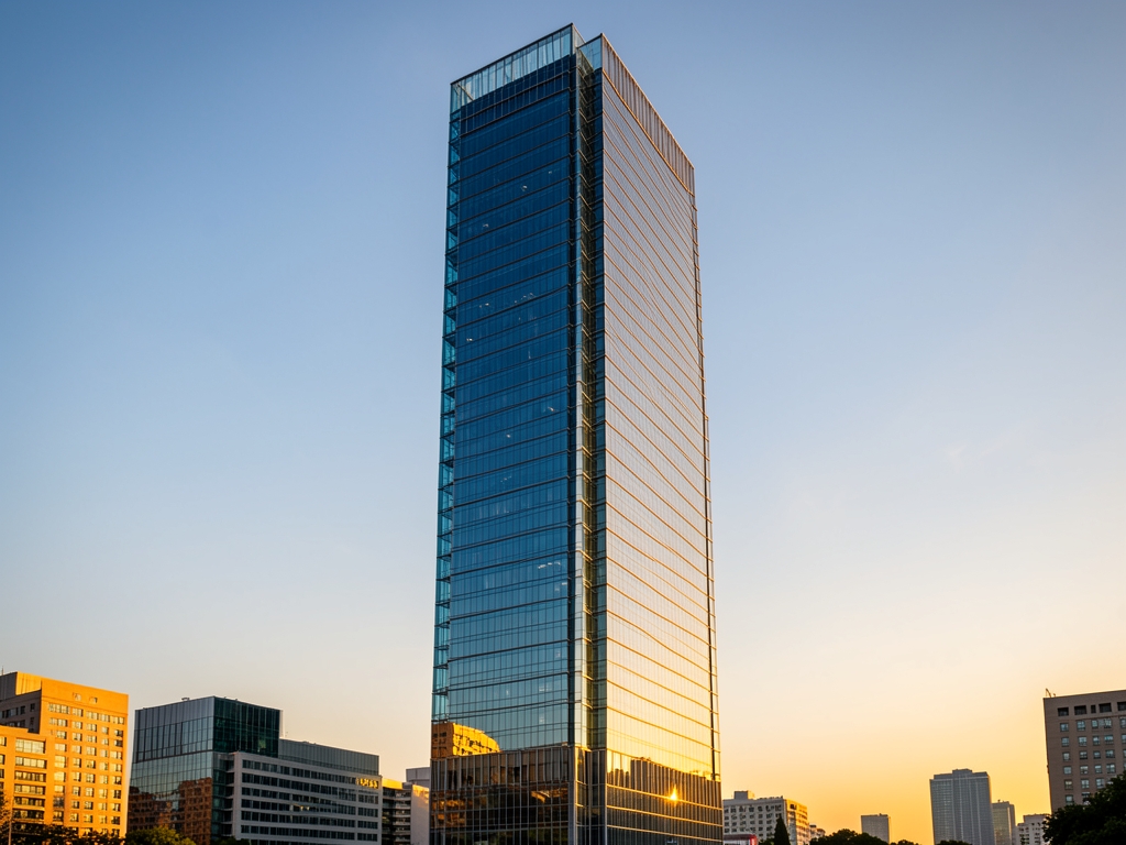 sleek glass and steel financial tower golden hour warm sunlight