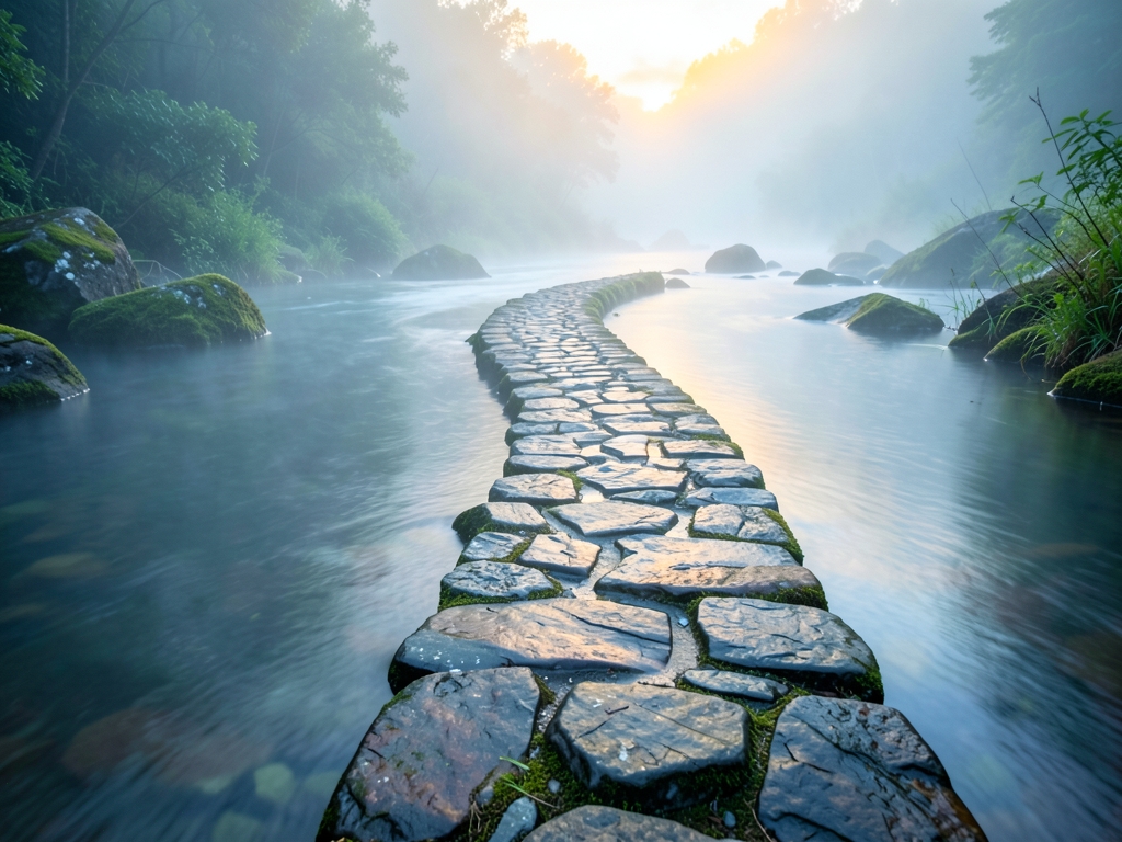 narrow stone path crossing calm misty river dawn