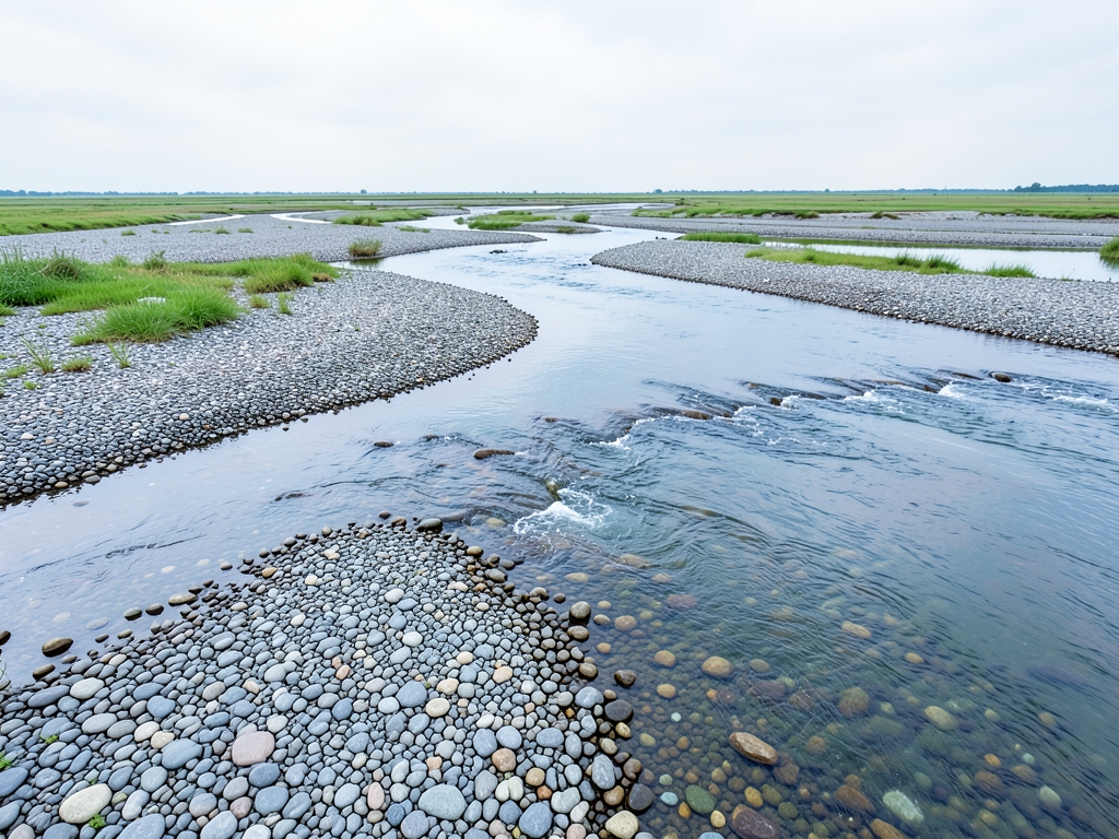 wide delta braided streams under pale overcast sky