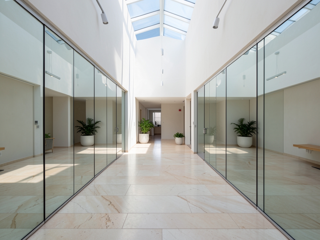 sunlit minimalist research atrium with mirrored glass corridors