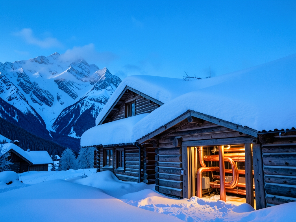 Snowy mountain home with warm copper piped mechanical room