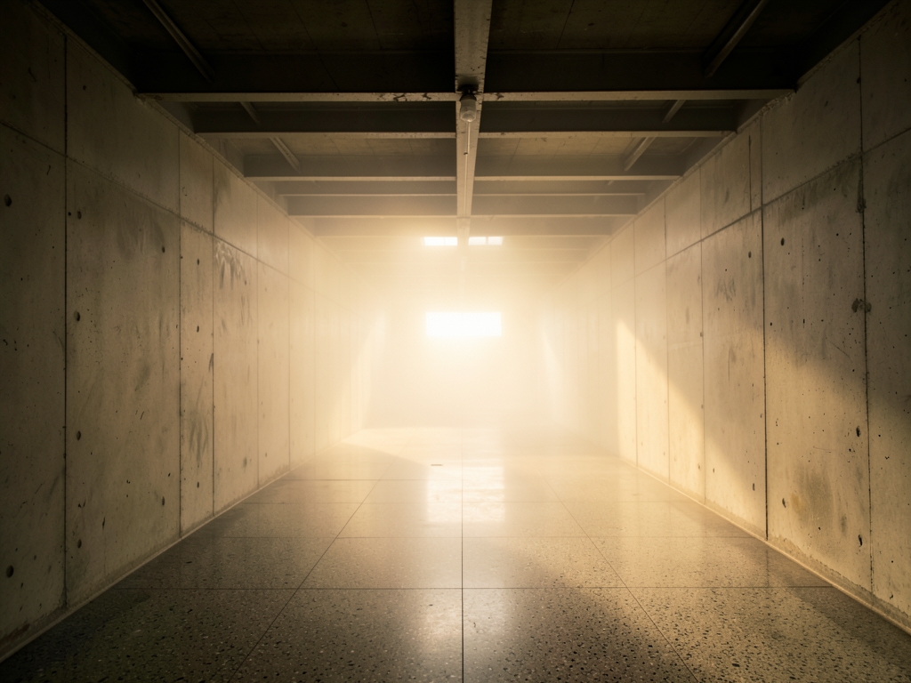 long empty concrete corridor stretching into soft morning
