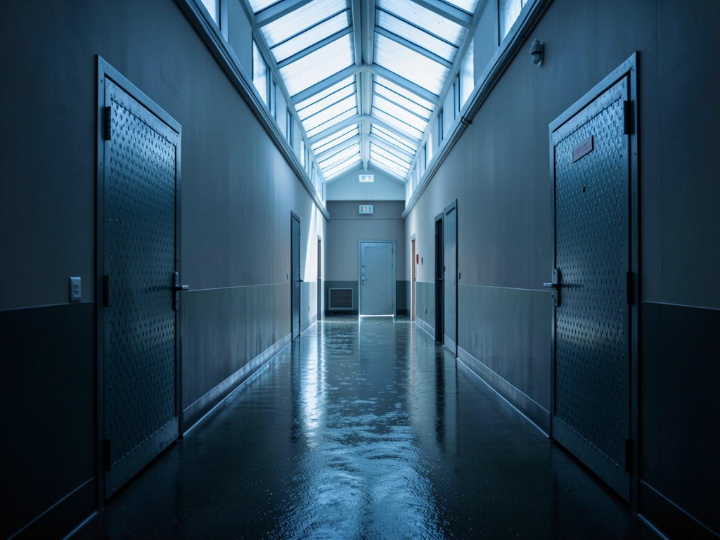 wide angle view dimly institutional hallway with fire rated doors