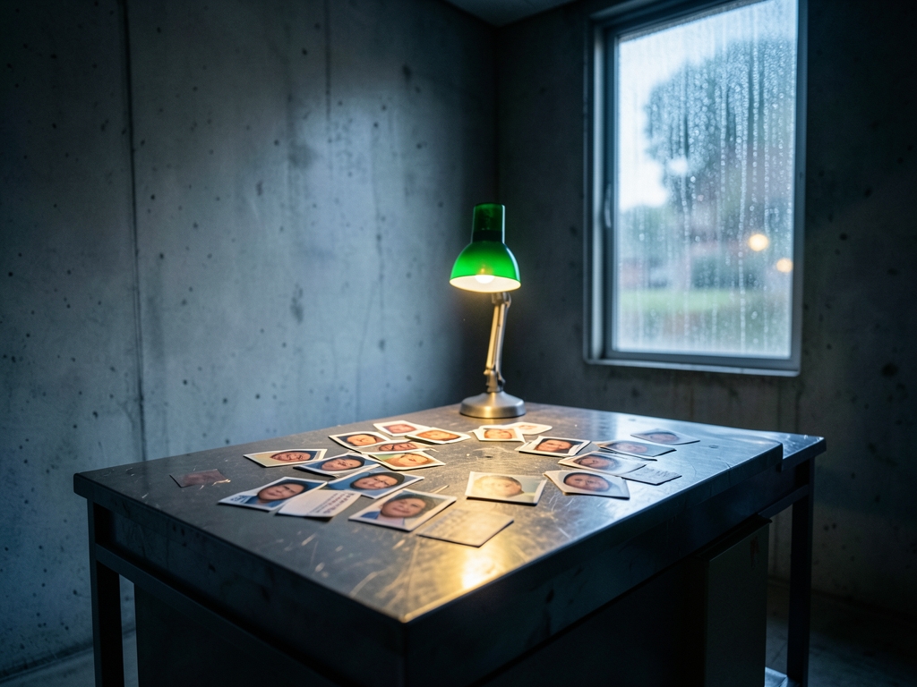 government office with concrete walls single desk lamp