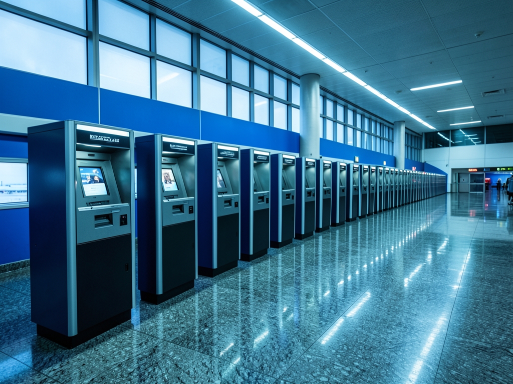 vast airport terminal with harsh fluorescent light reflecting