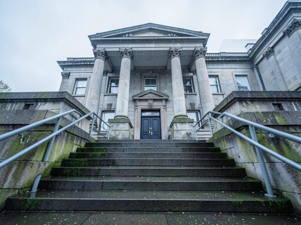grey overcast morning outside government building with stone