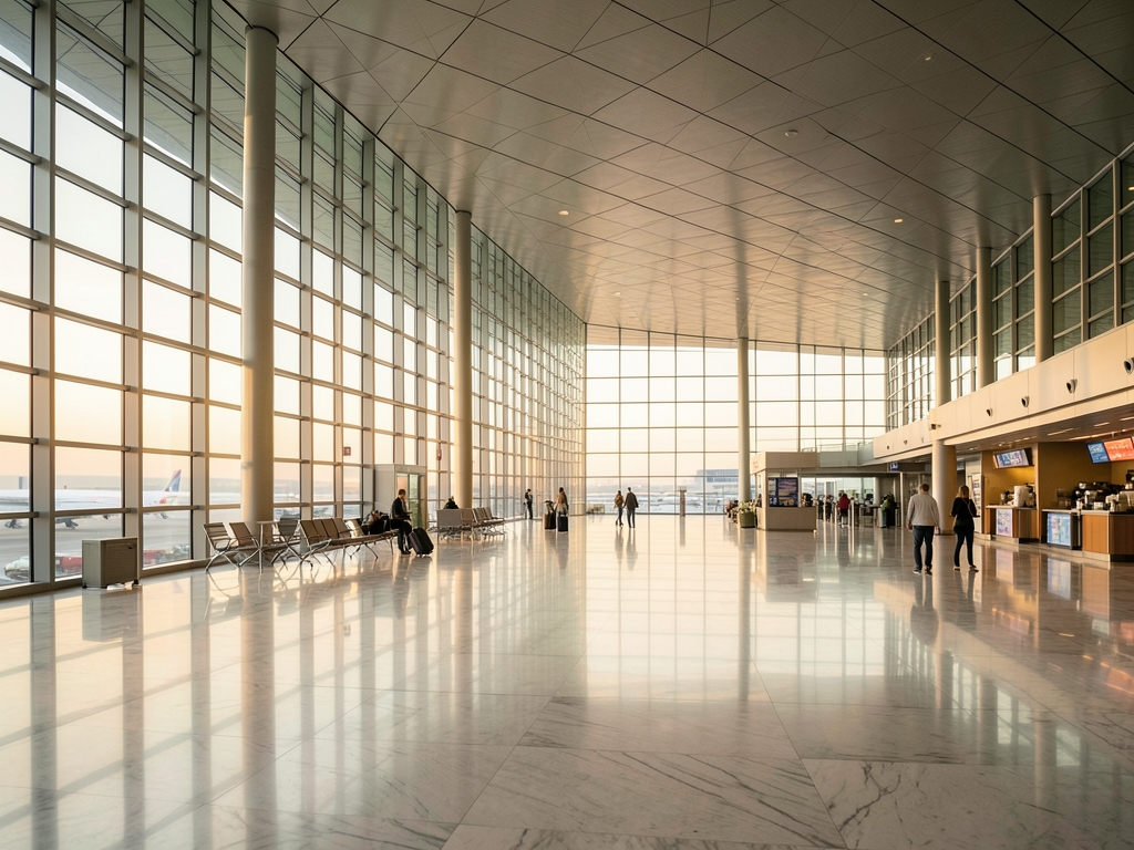 vast airport terminal dawn with pale golden light