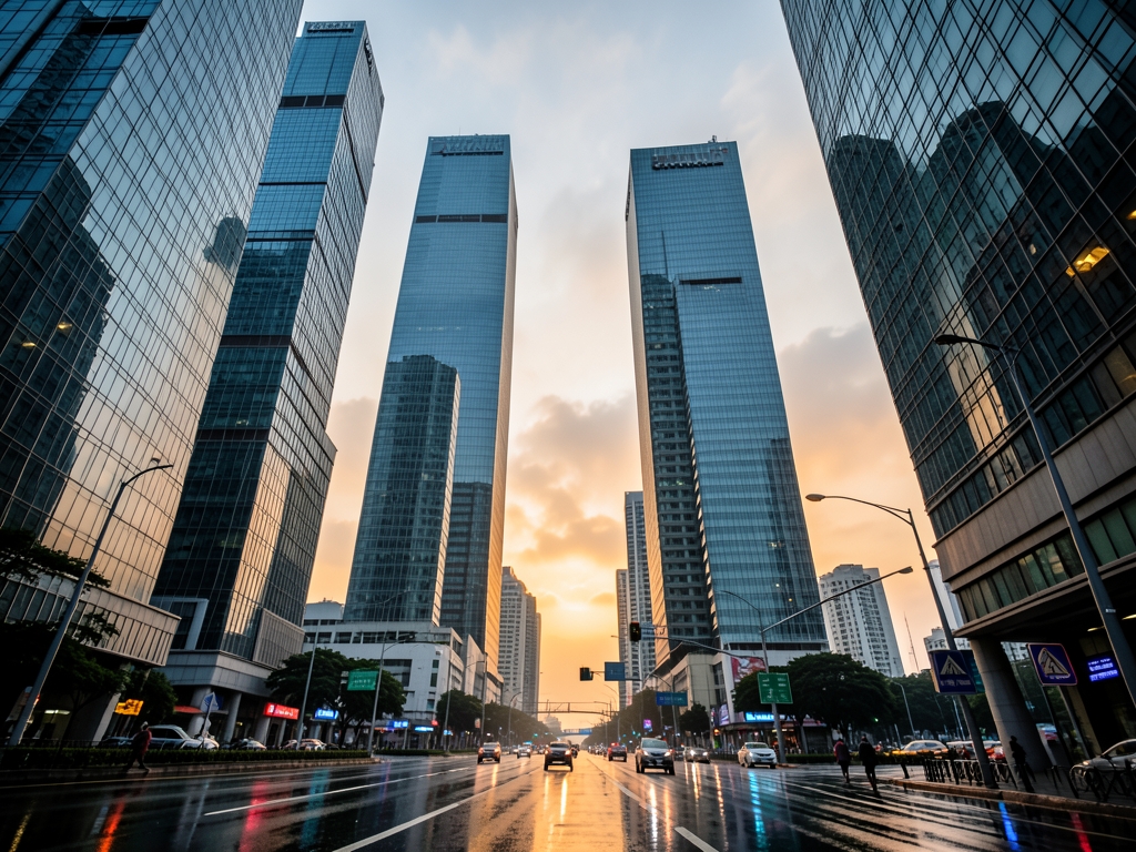 Jakarta financial district dusk towering glass skyscrapers reflecting