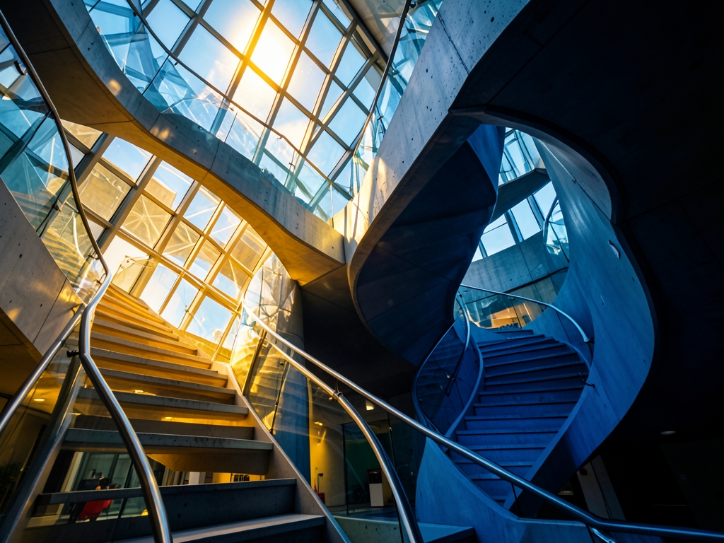 Sun drenched atrium modern architectural model where distinct staircases