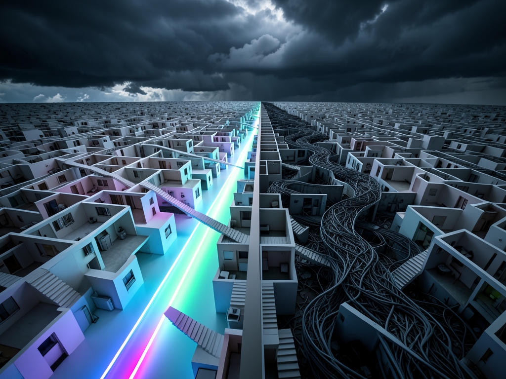 Aerial view vast geometric landscape composed floating isometric