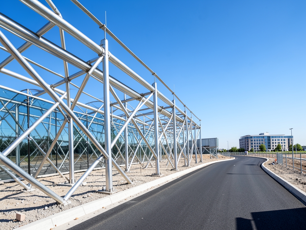 wide angle view modern construction site with steel framework