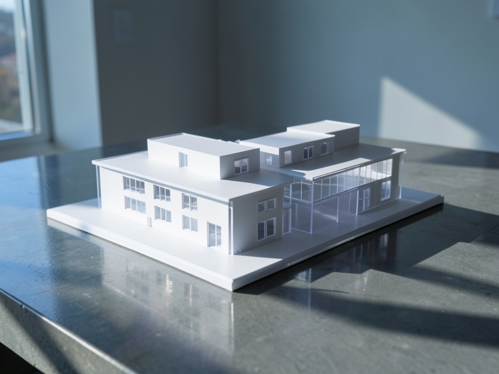minimalist architectural scale model complex building made white
