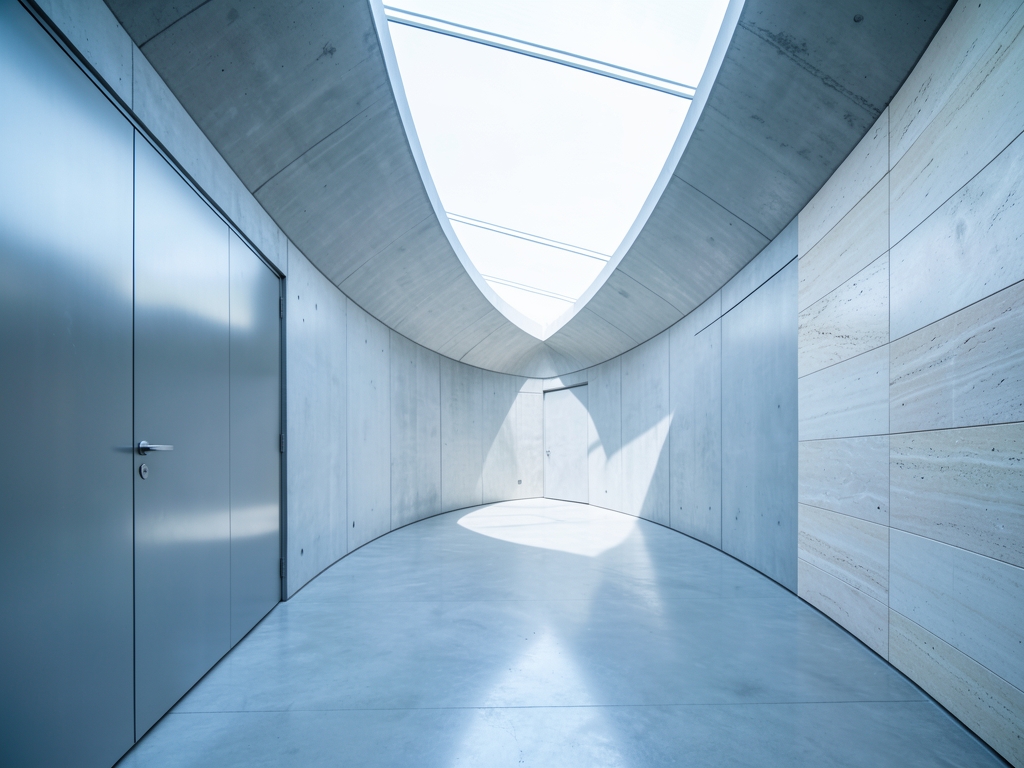 seamless curved concrete corridor inside minimalist modern building