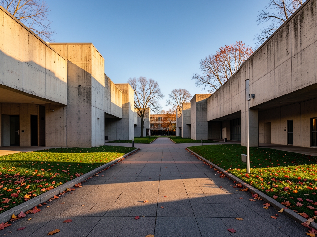 Brutalist concrete campus structures under crisp autumn sky