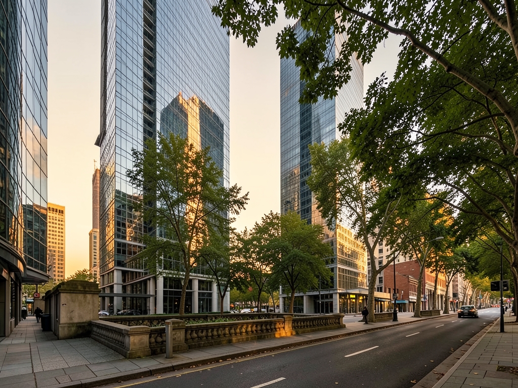 Glass walled urban office towers reflecting golden hour light