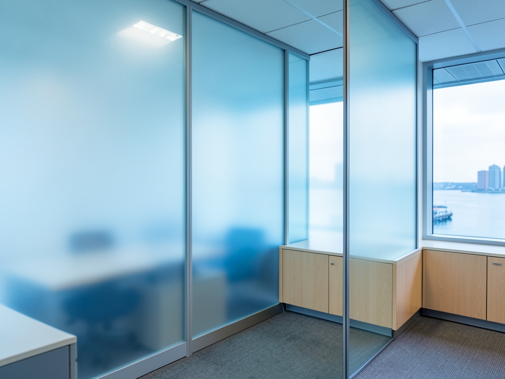 Chicago workplace consultation room with frosted glass partitions pale