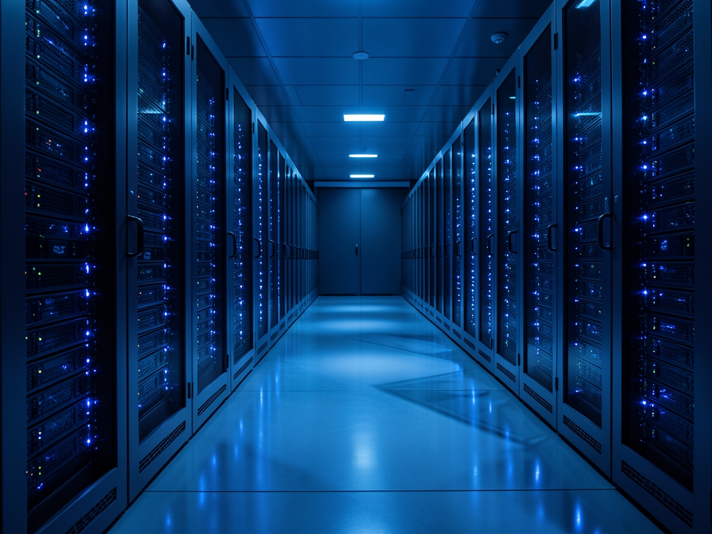 Futuristic server hall with rows dark metal racks