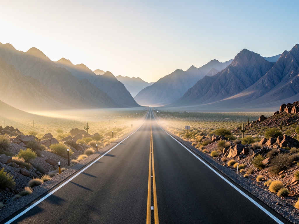 Wide desert highway through distant mountains sunrise with