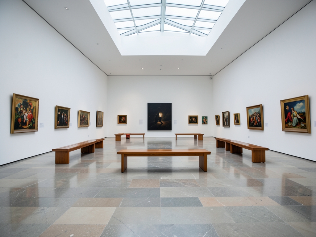 Expansive museum gallery with white walls polished stone
