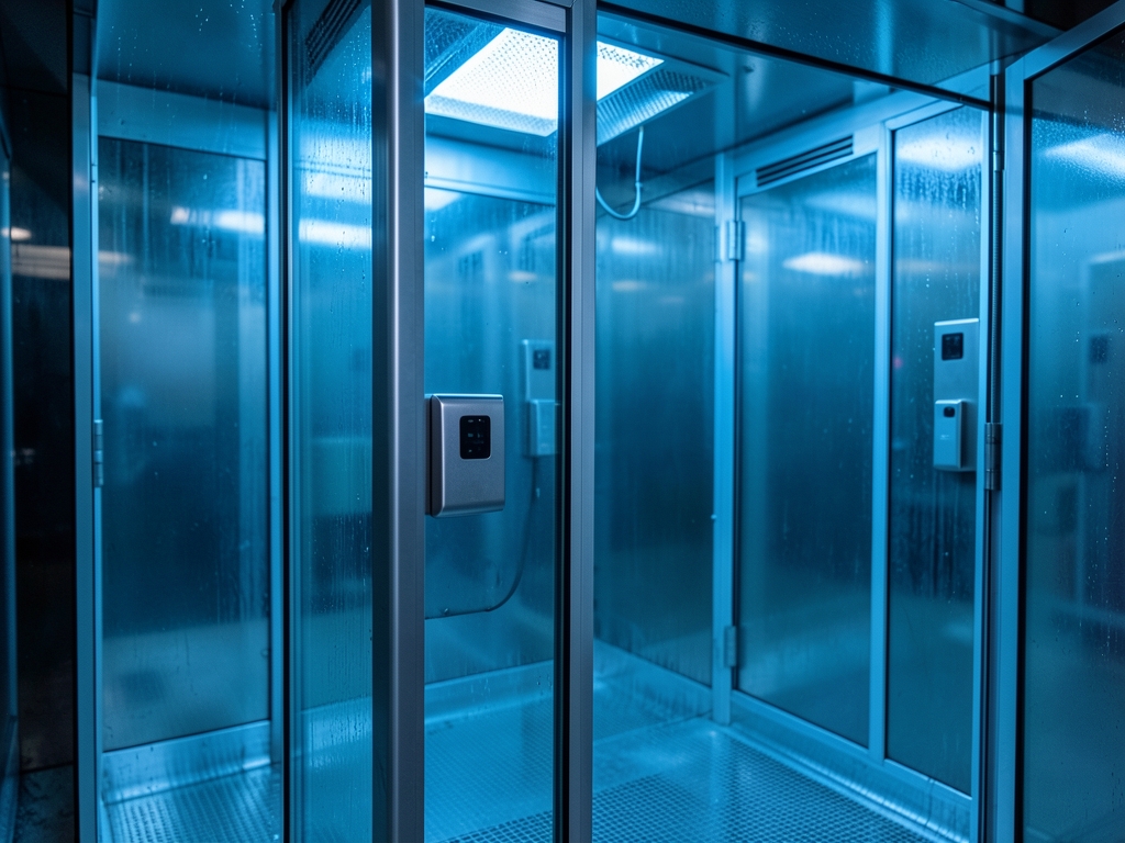 Rainy verification chamber with glass partitions brushed metal sensors