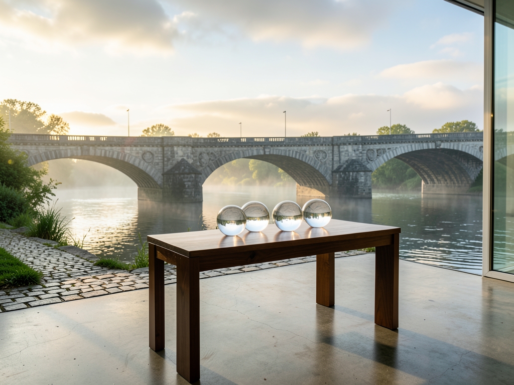 wide shot three identical stone bridges spanning misty