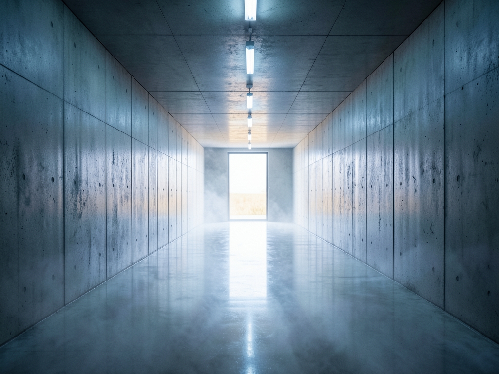 Long concrete data center hallway with cool white